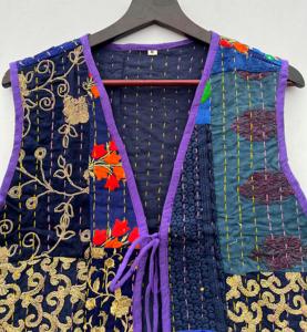 Handmade <b>Women's</b> <b>Knitted</b> Patchwork Cotton Kantha Puffer <b>Vest</b> V-Neck Short Winter Jacket Embroidery Streetwear Style Logo - Product Image 3