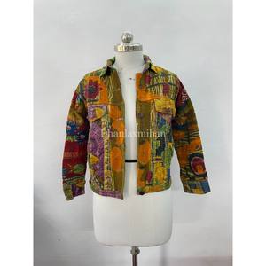 Chaqueta de mezclilla Kantha de algodón indio Unisex hecha a mano, diseño de retazos acolchado con botones, estilo corto a prueba de viento - Product Image 2