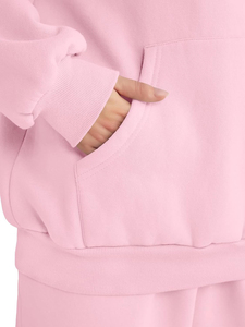 Ensemble de survêtement rose à capuche pour femme, manches longues, couleur unie, coupe décontractée, sweat-shirt et pantalon avec poches latérales - Product Image 5