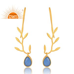Nuevo diseño 925 plata esterlina 18K chapado en oro Natural azul Calcedonia piedra preciosa pendiente Demi joyería fina para mujer regalo para ella - Product Image 1