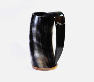 Premium Handcrafted High Gloss <b>Black</b> Viking Drinking Horn Mug With Authentic Solid Wooden Base Traditional Medieval Style - Product Image 3