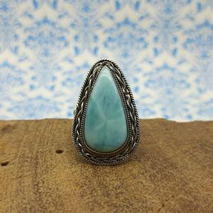 925 <b>Solid</b> <b>Silver</b> Larimar Gemstone Ring Bohemian Artisan Crafted with Pear Cut Diamond Wedding Occasion - Product Image 5