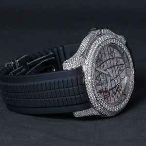 Luxury <b>Men's</b> Full Diamond Iced Out Sport Wristwatch Red Numerals Grid Pattern Dial Black Rubber Strap Waterproof Hip Hop Style - Product Image 2