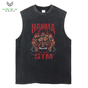 Vêtements de gym personnalisés pour hommes, gilet gris 100% coton délavé, débardeur découpé à impression numérique, t-shirt sans manches, tissage tricoté - Product Image 2