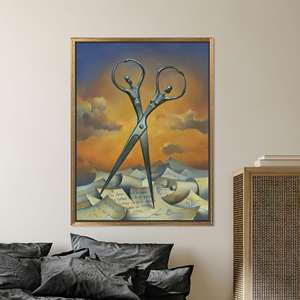 การเต้นรำของกรรไกรสุดเหนือจริง: ภาพพิมพ์บนผ้าใบสำหรับตกแต่งผนัง, ของตกแต่งสไตล์สัญลักษณ์, กรอบสีทอง - Product Image 1