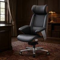 Chaise de bureau ergonomique de direction avec structure en bois, siège noir, base en aluminium, roulettes pivotantes, siège de bureau durable pour manager