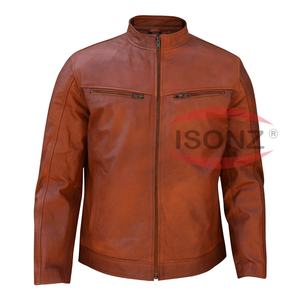 Veste en cuir décontractée de couleur tan de style poche en jean avec doublure en viscose de soie par ISONZ - Product Image 4