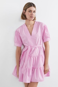 Robe polyvalente en coton à col en V, manches bouffantes, coupe trapèze, avec ourlet à volants, ceinture assortie, fermeture éclair latérale invisible et poches latérales - Product Image 2