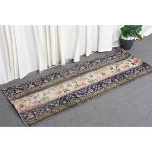 Tapis Vintage en Laine Turque de 19X48 Pieds, Tissage Plat Patchwork Bleu et Beige pour Décorations de Salon, Support en Latex - Product Image 3