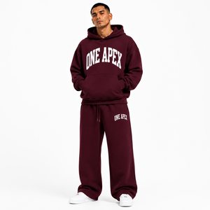 Ensemble de survêtement pour homme, comprenant un sweat à capuche bordeaux classique et un pantalon de survêtement à jambes larges, en coton premium épais, antibactérien, à séchage rapide et respirant - Product Image 1