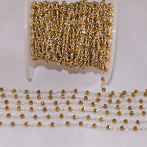 Chaîne de chapelet en perles de verre pyrite dorées plaquées argent, perles facettées de 3 mm, chaîne à perles sur fil pour la fabrication de bijoux - Product Image 4