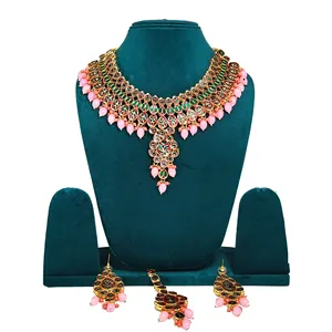 Ensemble de bijoux de mariée élégant en Kundan rose pour femmes et filles, style vintage, collier et boucles d'oreilles plaqués or pour mariage et cadeau - Product Image 4