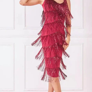 Hermoso vestido MIDI adornado con cuentas flecos sin mangas escote ovalado cintura natural decoraciones de perlas Vestido corto de Graduación - Product Image 1