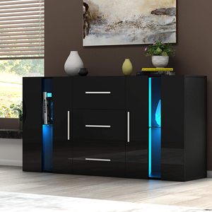 Buffet moderne noir brillant avec éclairage LED, 3 tiroirs, meuble de rangement pour salon, credenza - Product Image 5