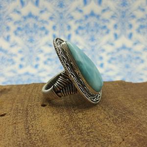925 <b>Solid</b> <b>Silver</b> Larimar Gemstone Ring Bohemian Artisan Crafted with Pear Cut Diamond Wedding Occasion - Product Image 3