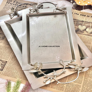 Fabulous Embossed Texture With Leafy Branch Shape Design <b>Side</b> Handles Metal Food Serving Tray Standard Table Decor - Product Image 1