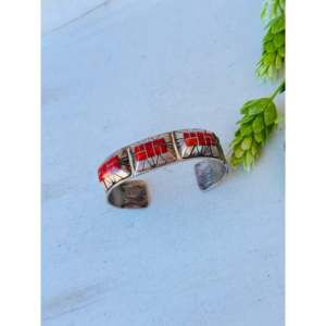 Vintage Navajo Fashion <b>Cuff</b> <b>Bracelet</b> Handmade with Coral & Sterling <b>Silver</b> - Product Image 4