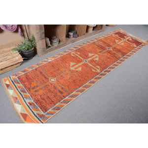 Alfombra Vintage de Lana Turca para Pasillo, Alfombra de Látex Tradicional de 3x10,3 Pies, Diseño de Retales Rectangulares, Naranja y Beige - Product Image 5