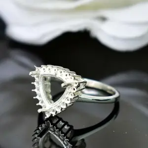 实心925纯银安装戒指批发装饰艺术钻石光环插脚设置9毫米万亿切割半安装戒指