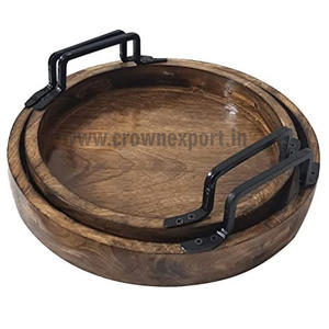 Plateau de service en bois brun rustique Plateau à sushi de haute qualité avec poignées en feuille d'or Taille personnalisée pour le service des aliments en Inde - Product Image 6