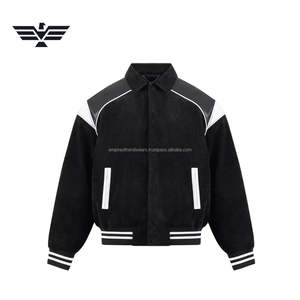 High Quality Custom Men Black Faux Leather Coated Stand Collar Winter Varsity Jacket Snap <b>Button</b> Streetwear - Product Image 2