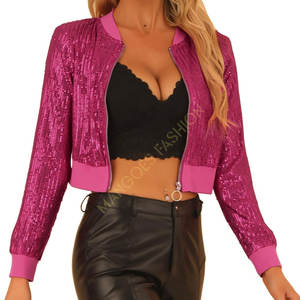 Chaqueta Bomber Corta de Lentejuelas Brillantes para Mujer, con Relleno de Algodón, Color Rosa Intenso, Cierre Frontal con Cremallera para un Estilo Impresionante - Product Image 1