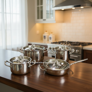 Premium Royal Design Hammered Stainless Steel Cookware Set Silver Leaf Accent Kitchenware Casserole Pan Pots Eco-Friendly Gas - Product Image 2