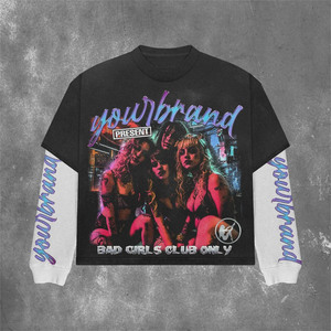 Streetwear de luxe T-shirt surdimensionné à double couche à épaules tombantes T-shirt graphique à double manches avec logo délavé à l'acide à col rond - Product Image 5