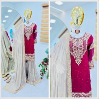 Conjunto de Diseño Georgette con Bordado de Lentejuelas y Espejos, Estilo Vintage, Transpirable, de Malla Sólida, Top, Sharara y Dupatta para Adolescentes