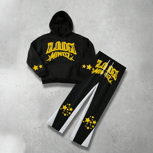 Custom Faded Distress Acid Wash All Over Print Rhinestone Recortada Sudadera con capucha y pantalones de chándal acampanados Conjunto Chándal Trajes de sudor Hombres - Product Image 1