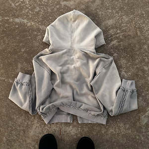 Custom <b>Black</b> Vintage Wash <b>Fleece</b> Hoodie Jacket for Men Winter Stylish Jackets Drop Shoulder Acid Washed Hoodie - Product Image 4