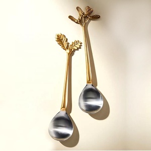 Couverts à poignée de feuille ensemble de service de salade en acier inoxydable or ensemble de service de barre de salade ensemble de service de nourriture poignée rustique en bois - Product Image 1