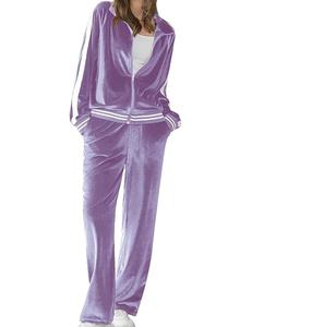 Chándal de terciopelo de otoño para mujer, conjuntos recortados de Color púrpura con cremallera, chándal de terciopelo transpirable, conjunto de dos piezas - Product Image 1