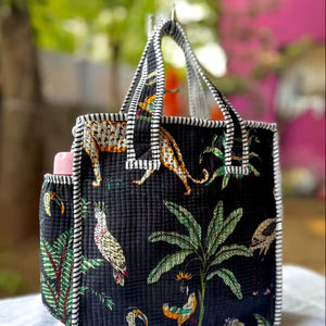 Bolso Tote de Algodón Acolchado Hecho a Mano Estilo Boho para Mujer, Bolso de Hombro Grande con Estampado de Aves, Bolso de Compras de Lona con Diseño Personalizado - Product Image 1