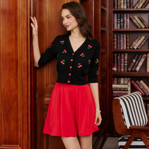 Cárdigan <span class=keywords><strong>Vintage</strong></span> de Punto con Bordado de Cerezas Negras OEM, Manga 3/4, Cuello en V, para <span class=keywords><strong>Mujer</strong></span> - Product Image 3