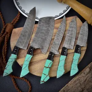 Custom Handgemaakte Gesmeed Damascus Staal Koksmes Set Keukenmessen Set Bestek