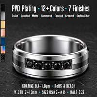 Bague de mariage pour homme en tungstène argenté 8 mm, finition PVD blanche polie, bord biseauté, saphir noir en canal, logo personnalisé