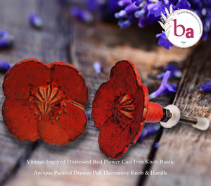 Perilla de hierro fundido de flor roja antigua, acabado desgastado de inspiración Vintage, tirador de cajón rústico, perilla decorativa para armario, tocador de cocina - Product Image 2