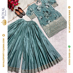Presentando nuevo diseñador Heavy Pure Chinon Silk Long Pakistani Suit Top Sharara y Dupptta en estilo elegante - Product Image 2