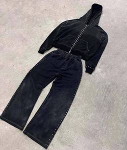 ชุดวอร์มวินเทจสไตล์ OEM สำหรับผู้ชาย ลวดลายแอซิดวอช ตัวอักษรปักแบบแอพพลิเค สตรีทแวร์ เสื้อฮู้ดดี้และกางเกงขายาว ชุดเซ็ตแบบดิสเทรส แพทช์เวิร์ค - Product Image 2