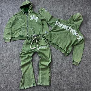 Conjunto Deportivo Personalizado con Lavado Ácido y Apliques de Letras para Hombre, Ropa Urbana 100% Algodón, Sudadera con Capucha y Pantalones Deportivos Holgados con Parches Desgastados - Product Image 2