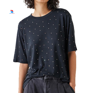 Camisetas de diamantes de imitación para mujer, camisetas de diamantes de imitación de verano con hombros caídos, camiseta negra de alta calidad para mujer - Product Image 1