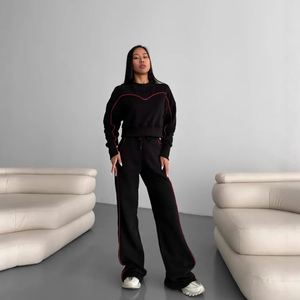 Femmes décontracté solide rayé sweat deux pièces ensemble en gros à manches longues col rond hiver vers le bas épaule survêtement - Product Image 3