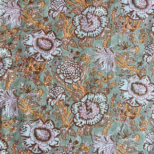 Tissu en coton imprimé à la main, vert sauge, motif floral vintage |   Textile indien artisanal - Product Image 1