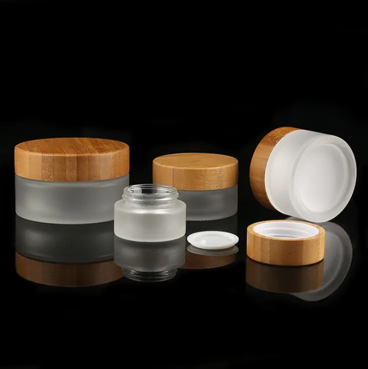 Customize 5G 15G 30G 50G 100G Empty Clear Frosted Glass Cosmetics Cream Jars Bamboo Glass Jar Skincare Wood Lid