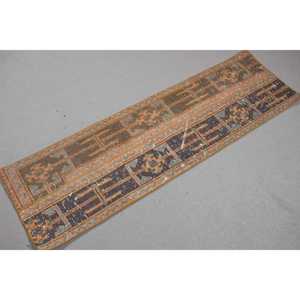 Turkish Vintage Small Rug 1.4x4.9 ft <b>Brown</b> Ikat <b>Wool</b> Patchwork Eco-Friendly Latex Backing Rug - Product Image 4