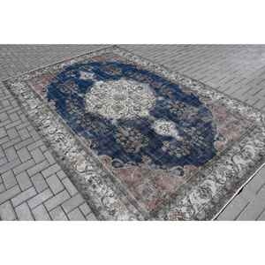 Tapis turc vintage surdimensionné 7,1x11,1 pieds, tapis en laine bleu et blanc à imprimé animal - Product Image 1