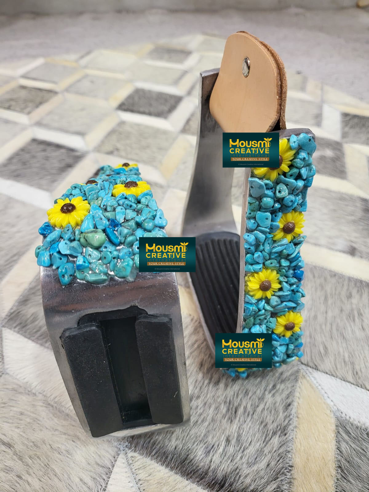 Étriers Western En Aluminium Gravé – Turquoise, Caoutchouc, Largeur 5 Pouces, Neufs