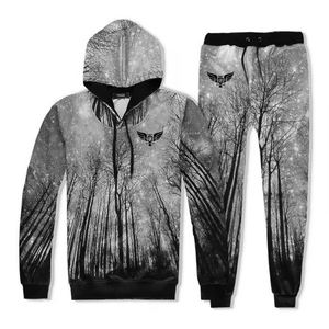 Ensemble de survêtement personnalisé noir et rouge à imprimé forêt, sweat à capuche et pantalon de jogging avec motifs naturels sur toute la surface, vêtements de sport unisexes en coton molletonné personnalisés - Product Image 4