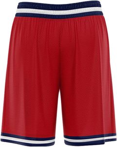 Shorts de basketball respirants en mesh rouge avec bordure bleue et blanche, logo et numéros sublimés, pour jeu en extérieur, unisexe, adulte, coupe régulière, élastique - Product Image 6